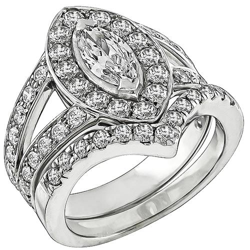 0.51ct Marquise Cut Diamond 1.50ct Round Cut Diamond Engagement Ring and Wedding Band Set
