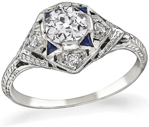 Estate Old European Cut Diamond Sapphire 18k Gold Engagement Ring