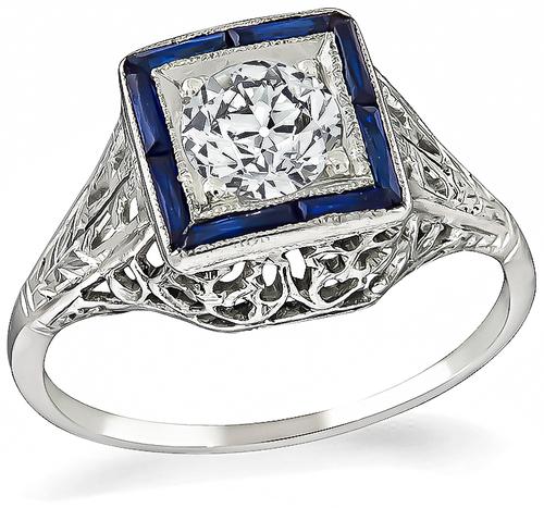Vintage Old European Cut Diamond Sapphire 18k White Gold Engagement Ring