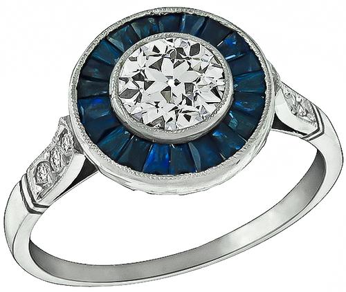 Art Deco Style Old Mine Cut Diamond Sapphire Platinum Engagement Ring