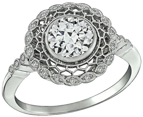 Art Deco Style Round Cut Diamond Platinum Engagement Ring