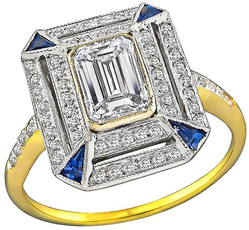 Art Deco Style Emerald Cut Diamond Sapphire 18k Gold Engagement Ring