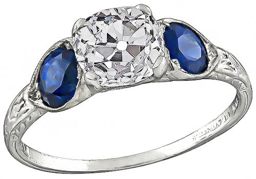 Cushion Cut Diamond Round Cut Sapphire Platinum Engagement Ring