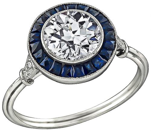 Art Deco Style Old European Cut Diamond Sapphire Platinum Engagement Ring