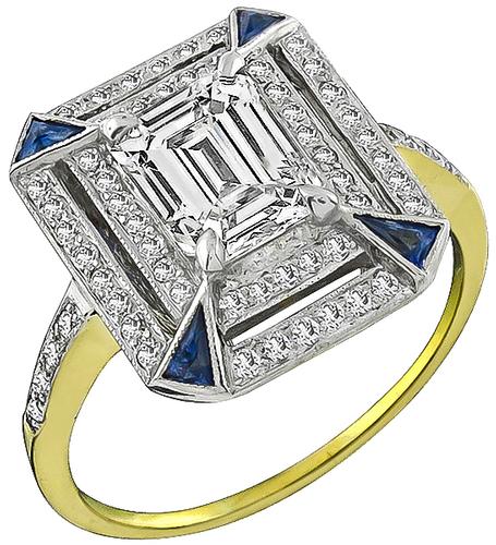 Emerald Cut Diamond Sapphire 18k Yellow and White Gold Ring