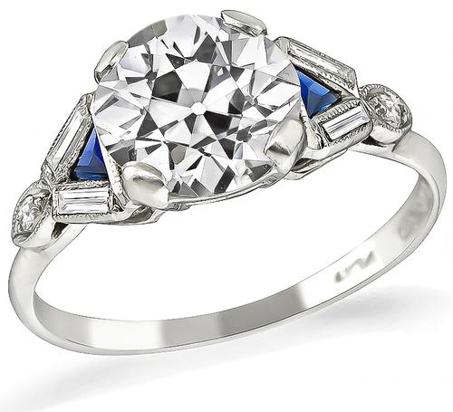 Vintage Old European Cut Diamond Sapphire Platinum Engagement Ring