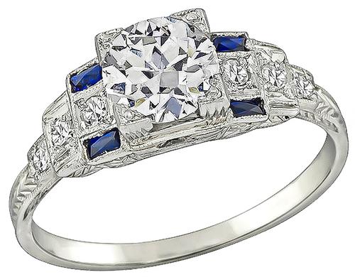 Antique Old Mine Cut Diamond Sapphire 14k White Gold Engagement Ring