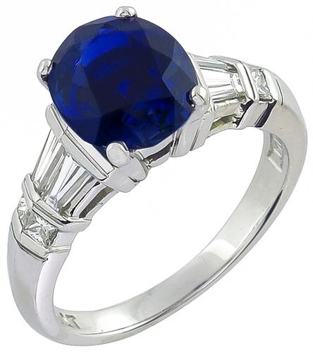 Oval Cut Ceylon Sapphire Baguette and Princess Cut Diamond Platinum Engagement Ring