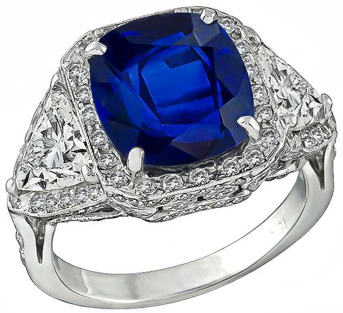 Cushion Cut Ceylon Sapphire Trilliant Cut Diamond 18k White Gold Ring