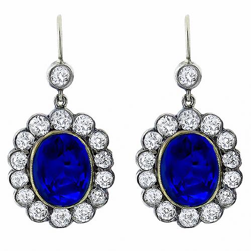 Antique 8.32ct Oval Sapphire & 2.80ct Old Mine Diamond Silver & 14k Yellow Gold Earrings 