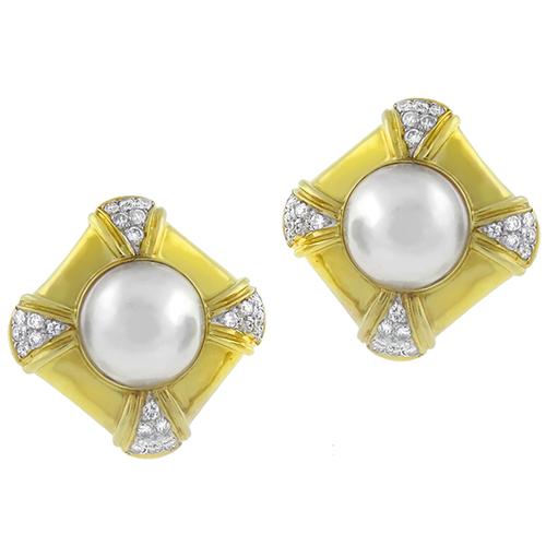 Round Cut Diamond Mabe Pearl 18k Yellow Gold Earrings 