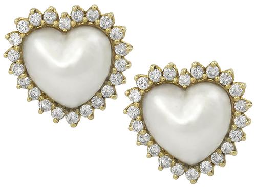 Round Cut Diamond Mabe Pearl 14k Yellow Gold Heart Earrings 