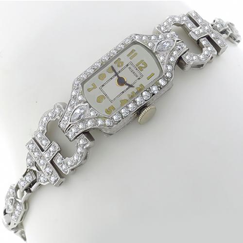 Art Deco 4.80ct Round Diamond Platinum Watch By Mignon