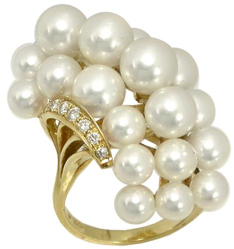 Mikimoto Pearl Ring in Yellow Gold with Accent Diamond