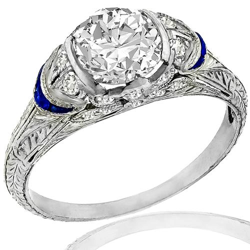Art Deco GIA 1.17ct Diamond Sapphire Engagement Ring