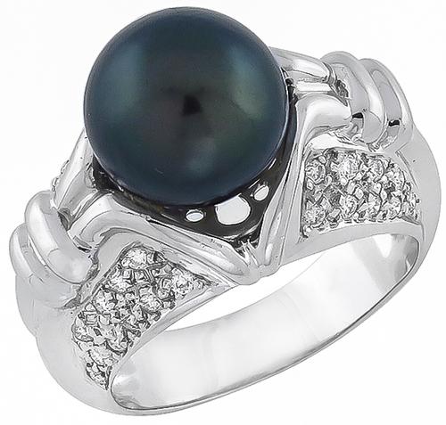 Round Cut Diamond Cultured Pearl 18k White Gold Ring