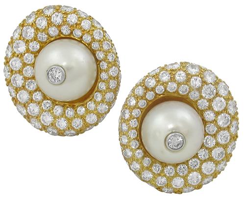 Round Cut Diamond Pearl 14k Yellow Gold Earrings