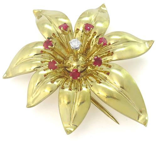 Vintage 0.60ct Round Cut Ruby 0.08ct Round Cut Diamond 14k Yellow Gold Flower Pin