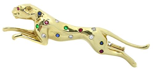 Ruby Emerald Sapphire Diamond 18k Yellow Gold Panther Pin