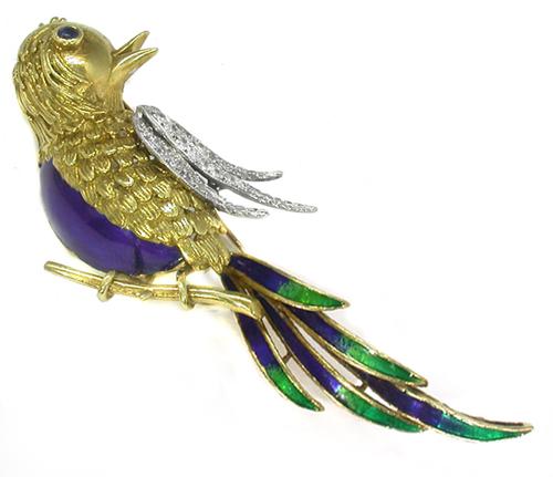 Sapphire  0.25ct Diamond Enamel 14k Yellow Gold Bird Pin