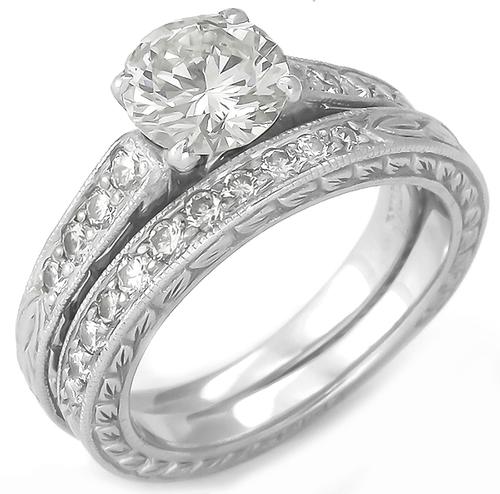 Scott Kay 0.91ct Round Brilliant Cut Diamond 0.50ct Round Cut Diamond Platinum Engagement Ring and Wedding Band Set