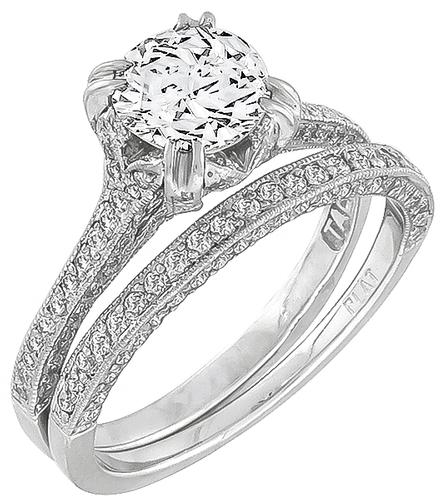 GIA Certified Round Brilliant Cut Diamond Platinum Engagement Ring and Wedding Band Set
