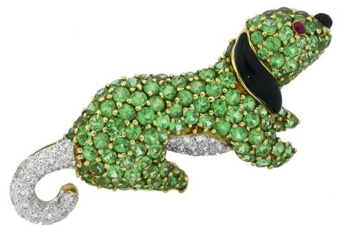 7.00ctTsavorite 1.00ct Diamond Onyx Ruby 18k Gold Dog Pin