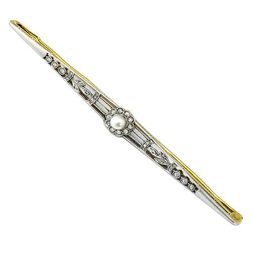 Antique Rose Cut  Diamond Pearl 18k Yellow Gold Platinum Pin