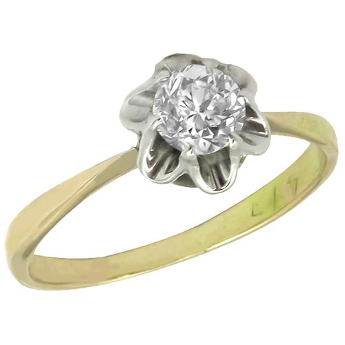 Antique  0.70ct Old Mine  Diamond  SIlver & 14k Yellow Gold Engagement Ring