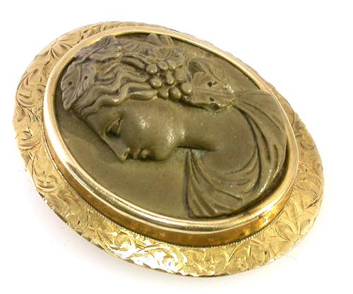 Antique 14k Yellow Gold Lava Bacchanalia Cameo Pin