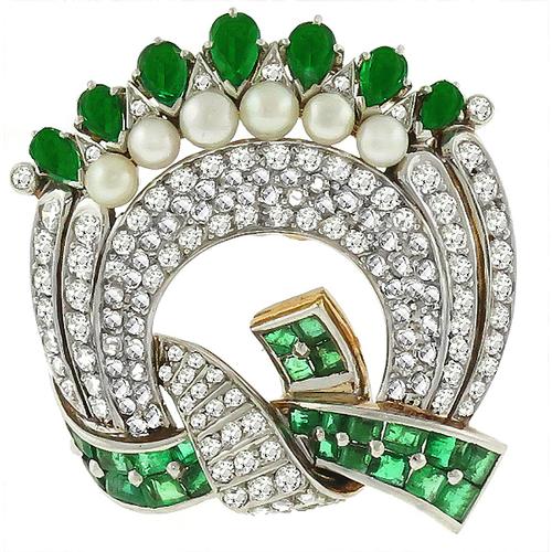 Antique 2.50ct Emerald 3.00ct Diamond Pearl Pin | Israel Rose