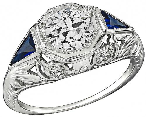 Art Deco Old Mine Cut Diamond Sapphire 14k White Gold Engagement Ring