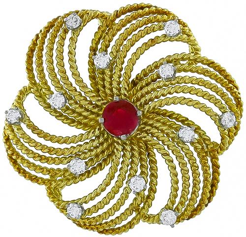 1950s Round Cut Ruby Round Cut Diamond 18k Yellow Gold Pin