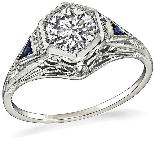 Edwardian Round Cut Diamond Sapphire 18k White Gold Engagement Ring
