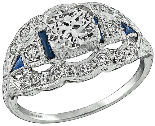 Art Deco Old Mine Cut Diamond Sapphire Platinum Engagement Ring