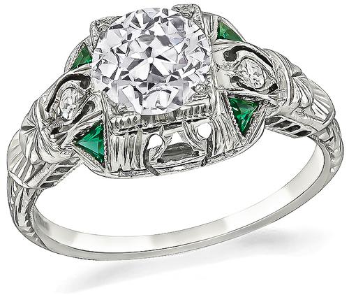 Art Deco Old Mine Cut Diamond Emerald 18k White Gold Engagement Ring