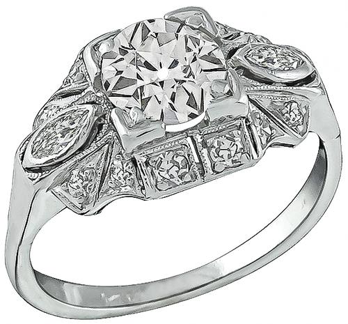 Art Deco Old Mine Cut Diamond 14k White Gold Engagement Ring