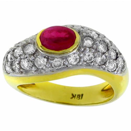 1960s 1.00ct Cabochon Oval Ruby 0.75ct Round Diamonds 18k Yellow & White Gold Ring