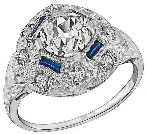 Art Deco Old Mine Cut Diamond Sapphire 14k White Gold Engagement Ring