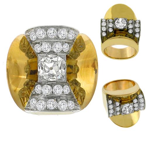 1960s 1.11ct Old Mine Cut Diamond 18k Yellow Gold Ring 