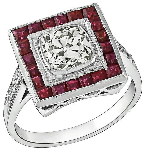 Art Deco Cushion Cut Diamond Ruby Platinum Engagement Ring