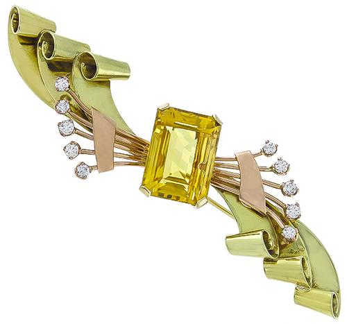 Retro Emerald Cut Citrine Round Cut Diamond Two Tone 14k Yellow and Pink Gold Pin