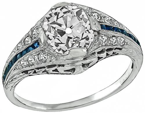 Art Deco Cushion Cut Diamond Sapphire Platinum Engagement Ring