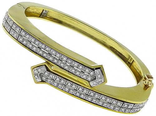 1960s Round Cut Diamond 18k Yellow Gold Platinum Bangle