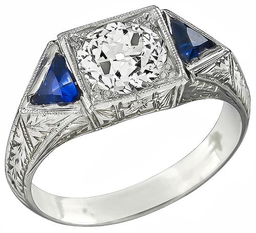 Art Deco Old Mine Cut Diamond Sapphire 18k White Gold Engagement Ring