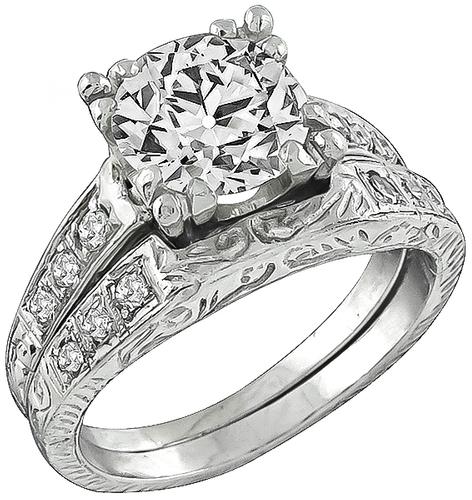 1920s Old Mine Cut Diamond Platinum Engagement Ring and Wedding Band Set