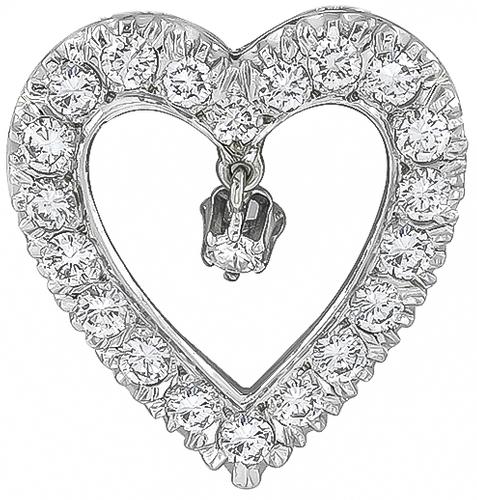 1950s Round Cut Diamond 14k White Gold Heart Pin / Pendant