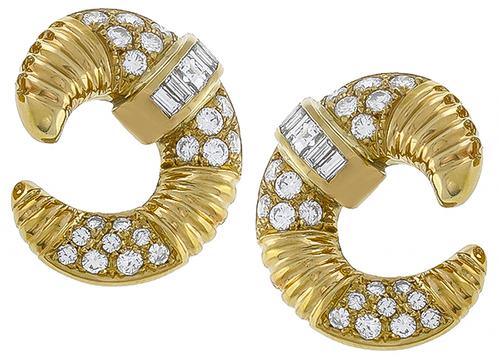 1960s Square Baguette and Round Cut Diamond 14k Yellow Gold Earrings