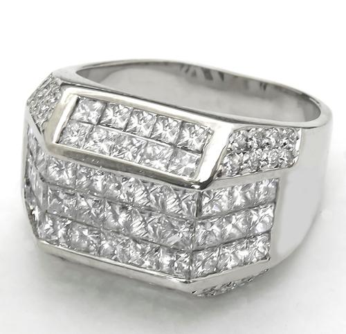 Vintage 2.65ct Princess Cut Diamond & 0.65ct Round Cut Diamond 18k White Gold Ring