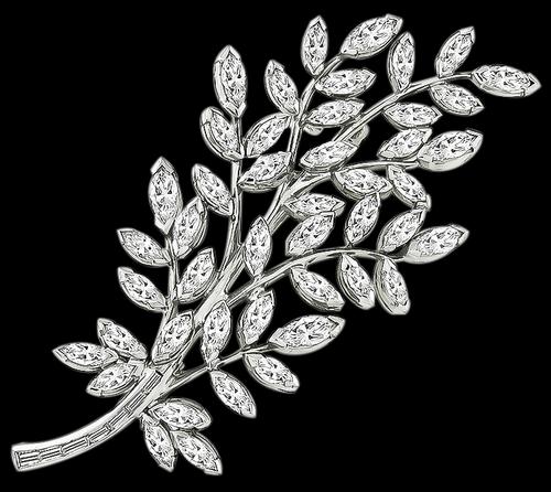 1960s Marquise and Baguette Cut Diamond Platinum Foliage Pin